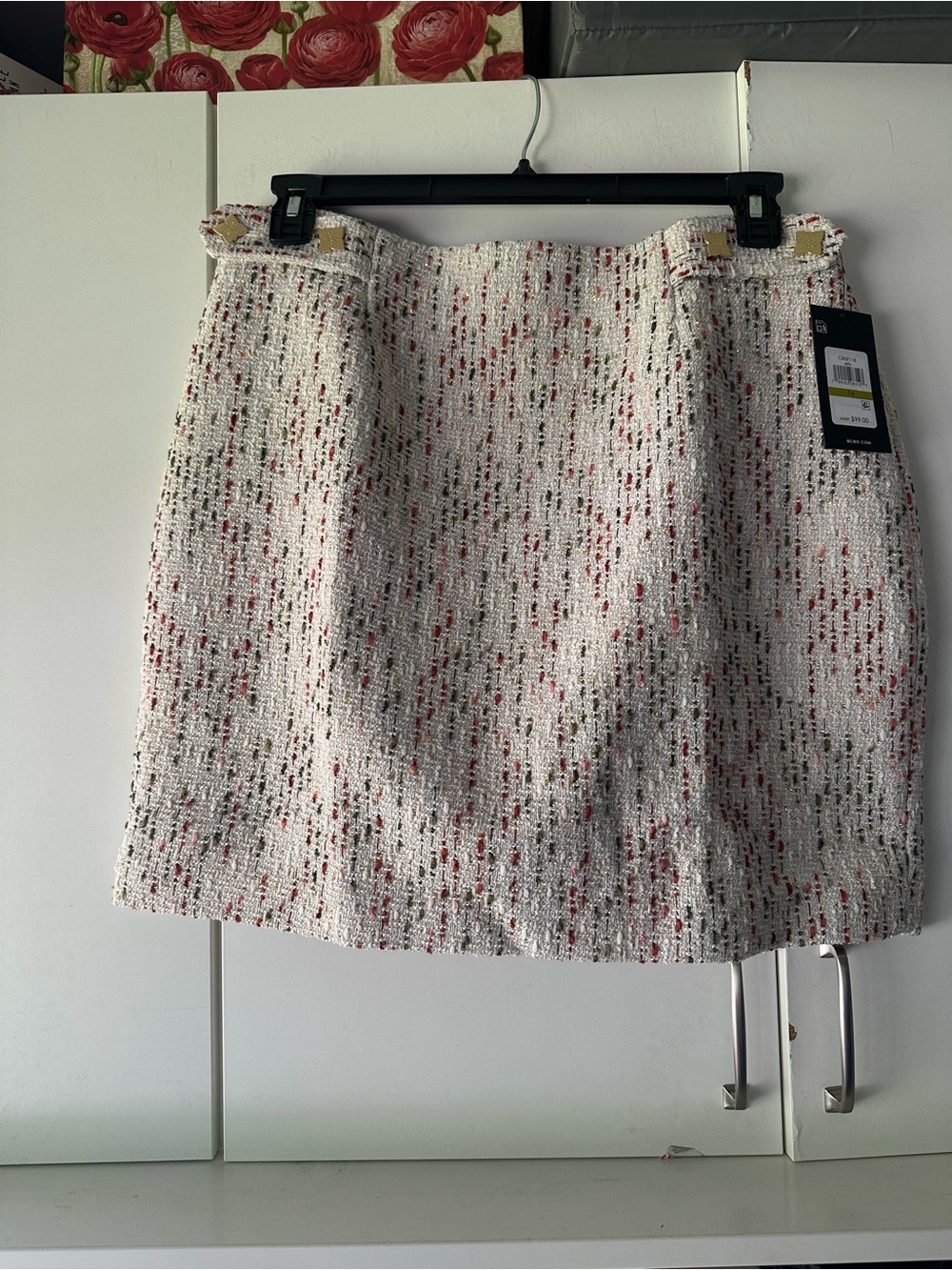 👗 BCBG Bouclé Tweed Mini Skirt NWT Size 14 Cream Pink Gold